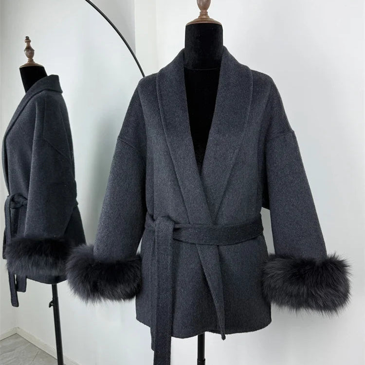 Tossy Women’s Short Wool Coat with Fox Fur – Elegant Double-Sided Overcoat