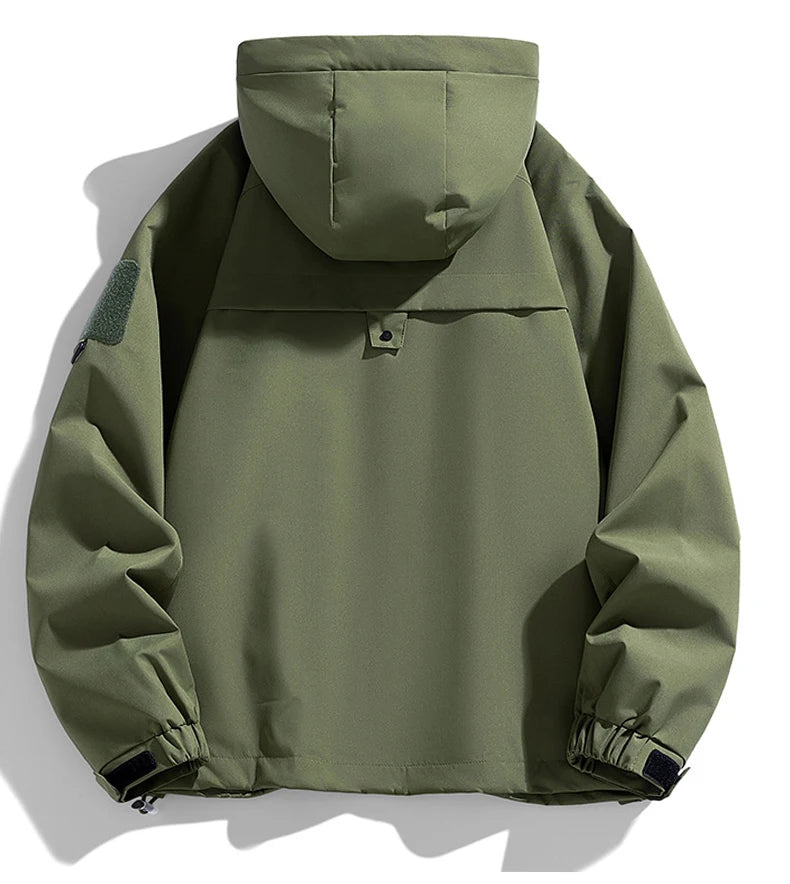 Men's Waterproof Hooded Windbreaker, Cargo Softshell Jacket for Camping and Hiking.
