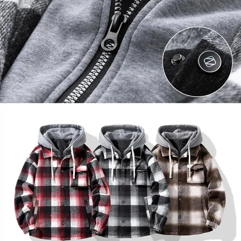 Men's Plus Size 7XL-8XL Hooded Shirt Jacket – Cotton Plaid, Loose Fit, 2-in-1 Style