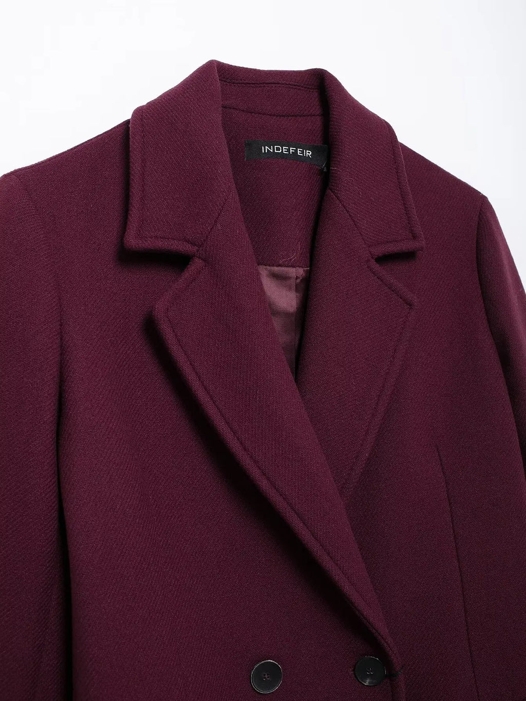 HH Women’s Burgundy Wool Coat – Double-Breasted, Long Sleeve Lapel Jacket