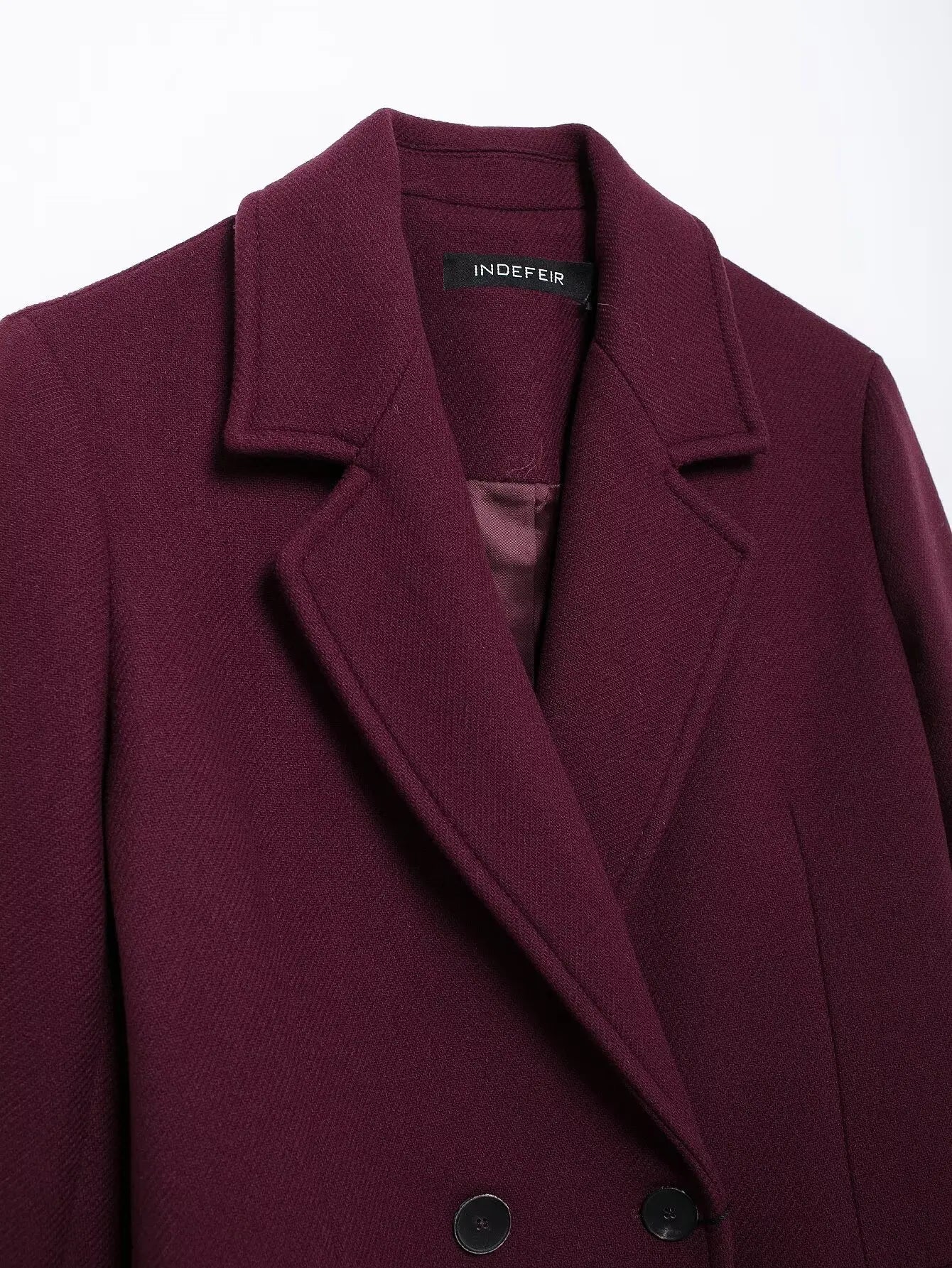 HH Women’s Burgundy Wool Coat – Double-Breasted, Long Sleeve Lapel Jacket