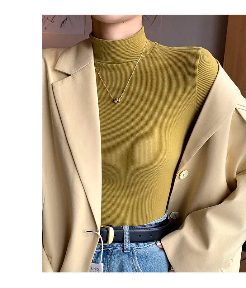 Women's knitted half-turtleneck sweater, slim fit, long sleeves, casual thermal knit top, Korean fashion