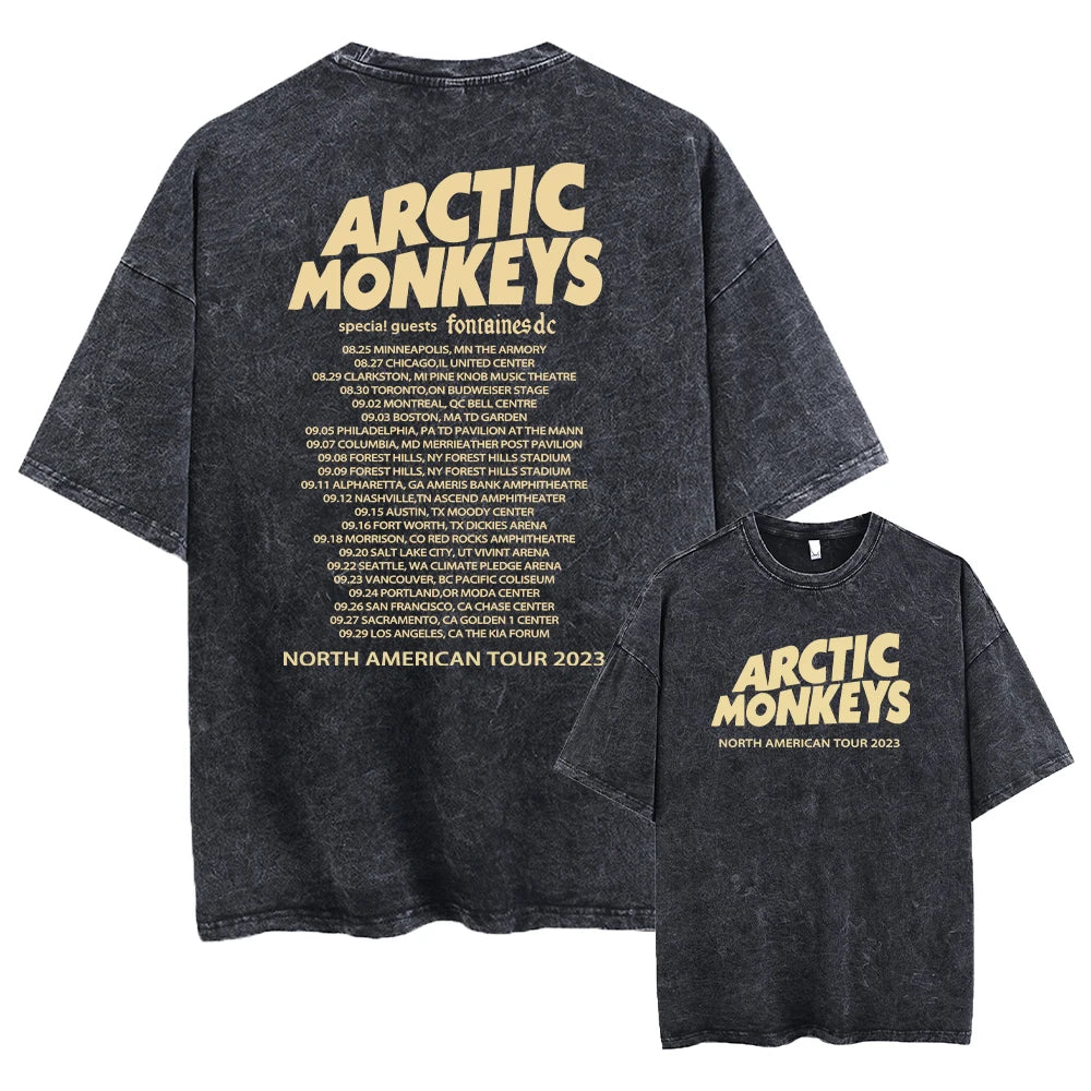 Here is a description based on your input:  Retro Arctic Monkeys Graphic T-Shirt, Vintage Washed, Oversized Fit, Y2K Style, Hip Hop Streetwear for Men