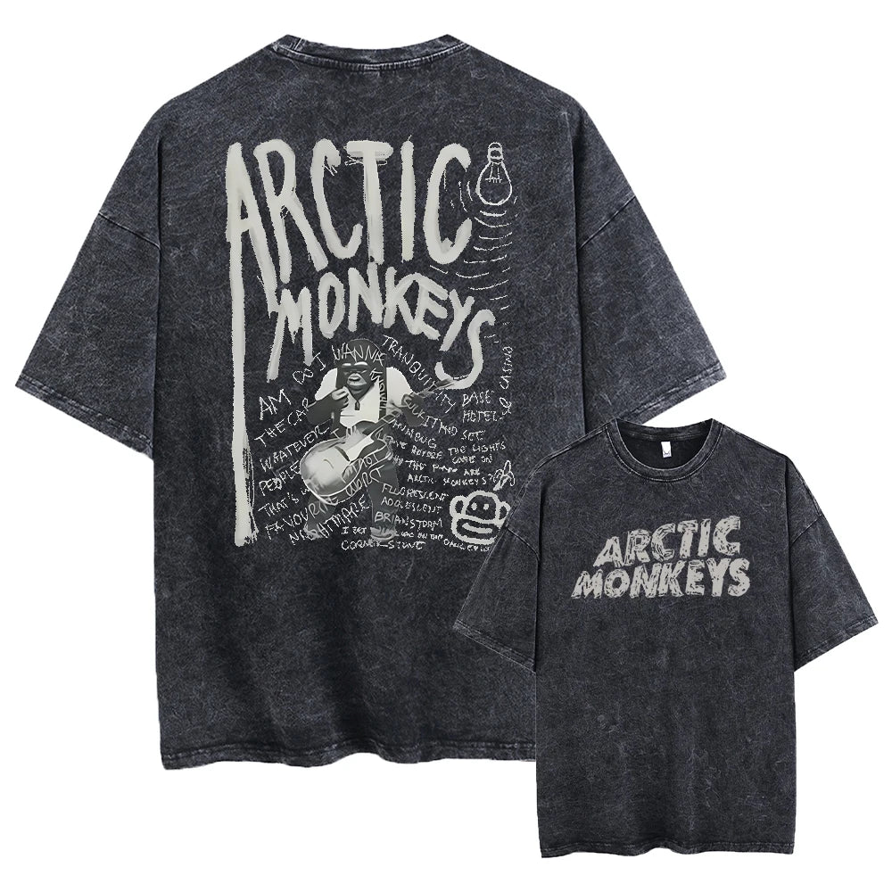 Here is a description based on your input:  Retro Arctic Monkeys Graphic T-Shirt, Vintage Washed, Oversized Fit, Y2K Style, Hip Hop Streetwear for Men