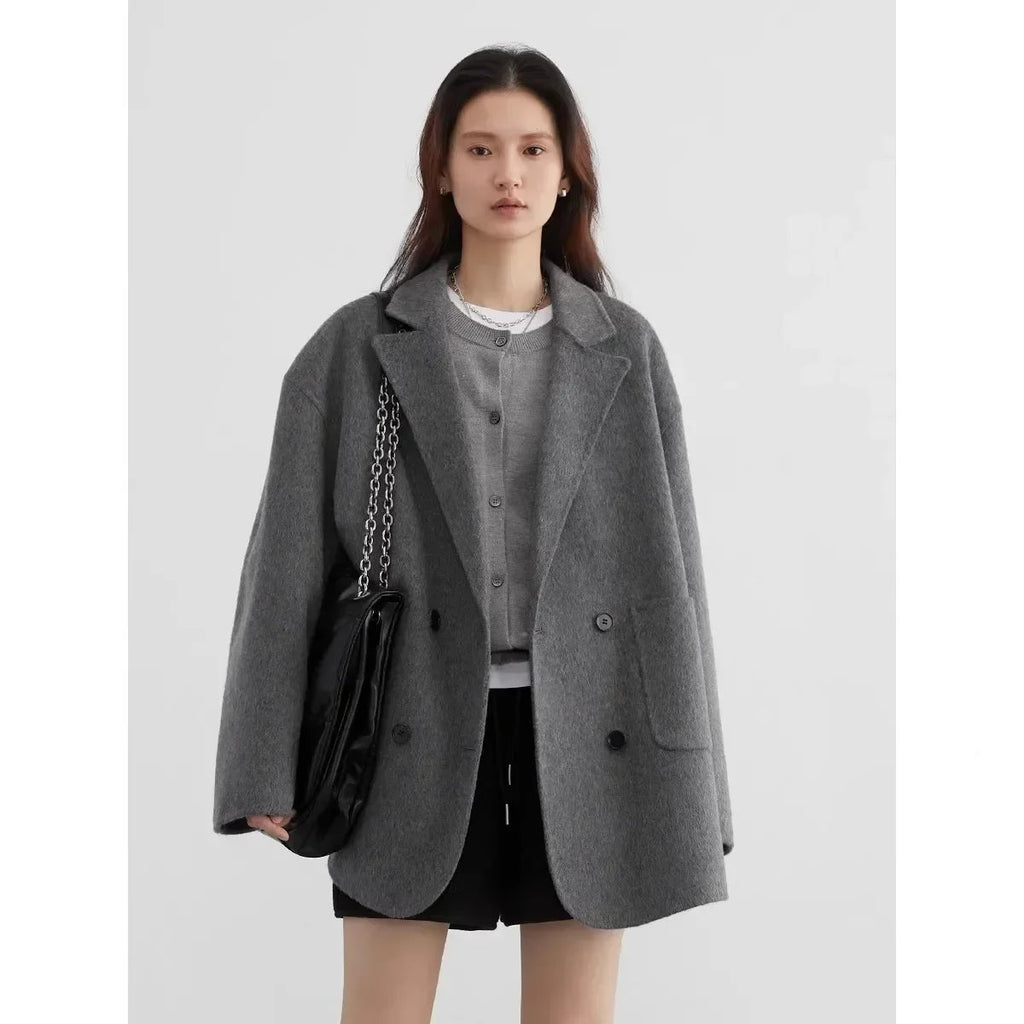 Women’s Double-Breasted Wool Coat – Loose Retro Office Style