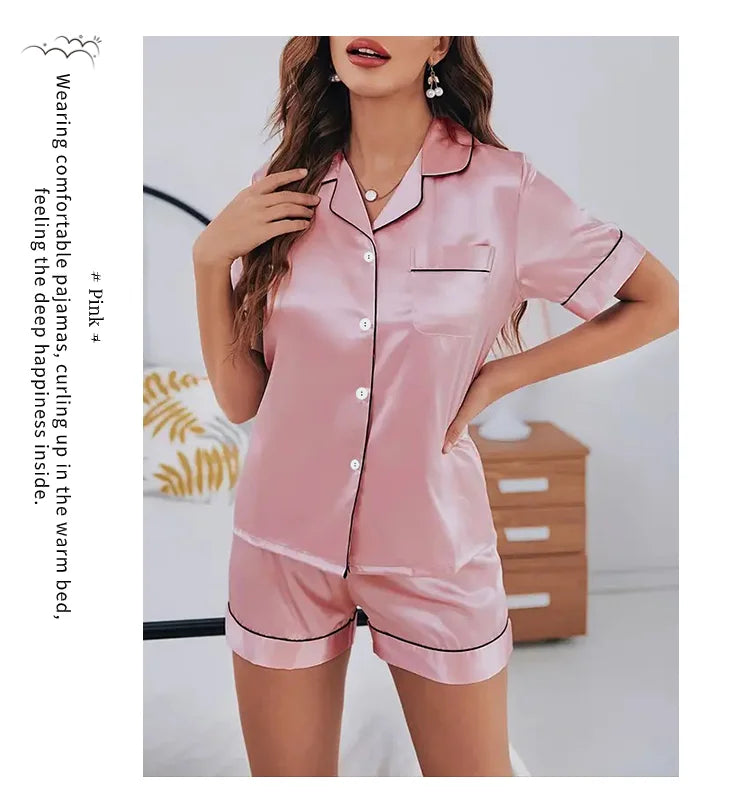 Women’s Satin Pajama Set – 2-Piece Button-Down Top & Shorts Sleepwear