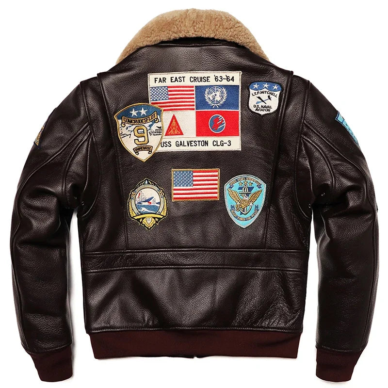 Men's quilted cowhide leather military flight jacket, winter overcoat, M212 style