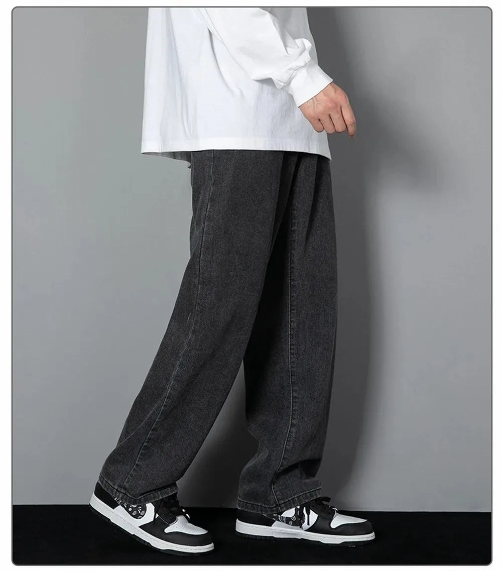 Korean Solid Colors Men's Casual Long Jeans Classic Man Four Seasons Straight Denim Wide-leg Pants Light Blue Grey Black 3XL