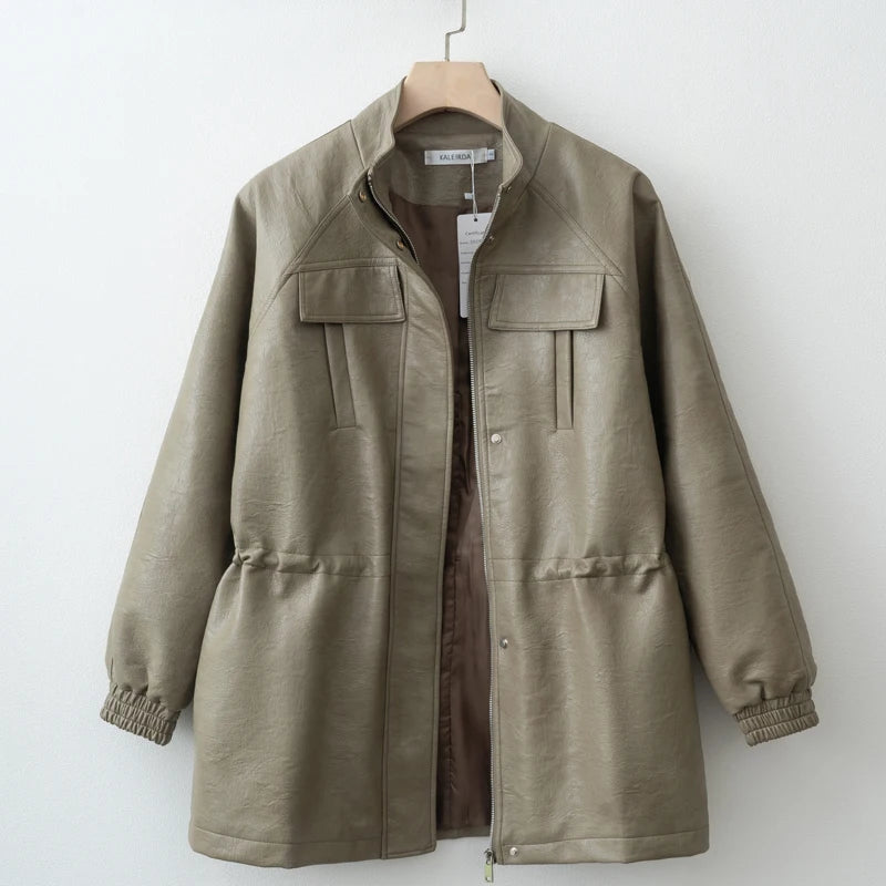 Women’s PU Leather Jacket with Adjustable Waist